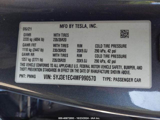 5YJ3E1EC4MF990570 Tesla Model 3 Performance Dual Motor All-wheel Drive