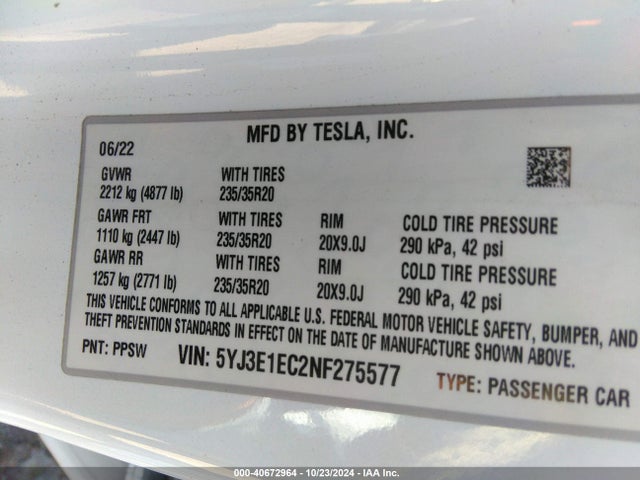 2022 TESLA MODEL 3 5YJ3E1EC2NF275577 Photo 8