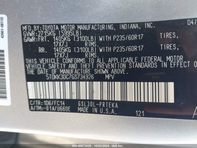 5TDKK3DC7GS734926 Toyota Sienna Le 8 Passenger