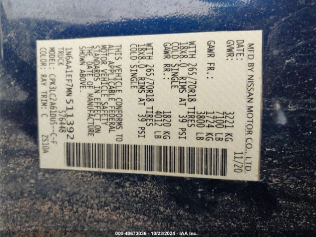 Nissan Titan Sv 4x2 2021 1N6AA1EF7MN511392 Image 9