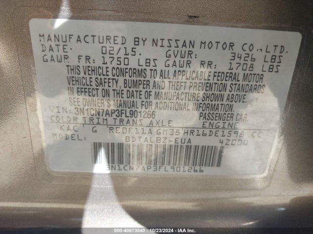 Nissan Versa 1.6 Sv 2015 3N1CN7AP3FL901266 Image 9