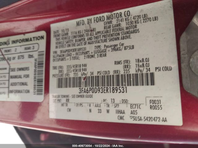 3FA6P0D93ER189531 Ford Fusion Titanium