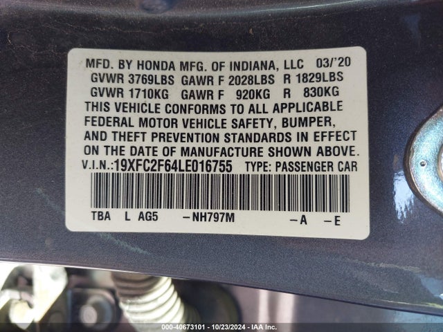 Honda Civic Lx 2020 19XFC2F64LE016755 Image 9