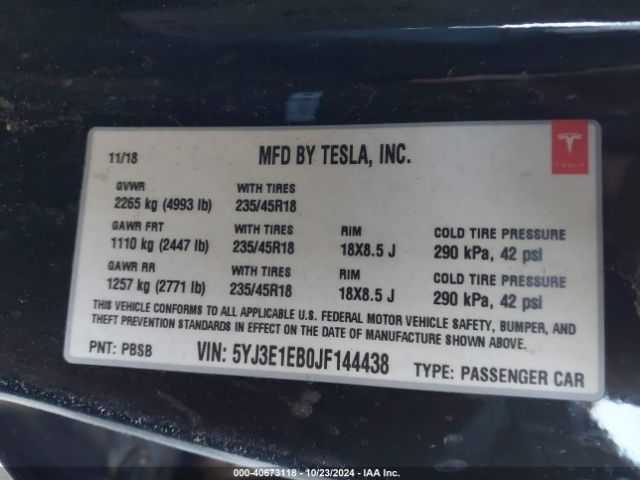 5YJ3E1EB0JF144438 Tesla Model 3 Long Range/performance