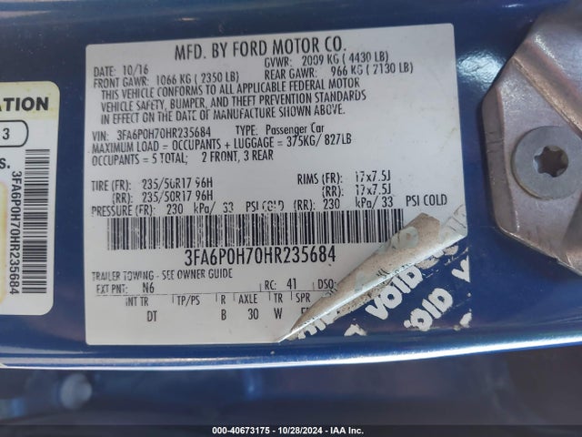 Ford FUSION SE 2017 3FA6P0H70HR235684 Image 9