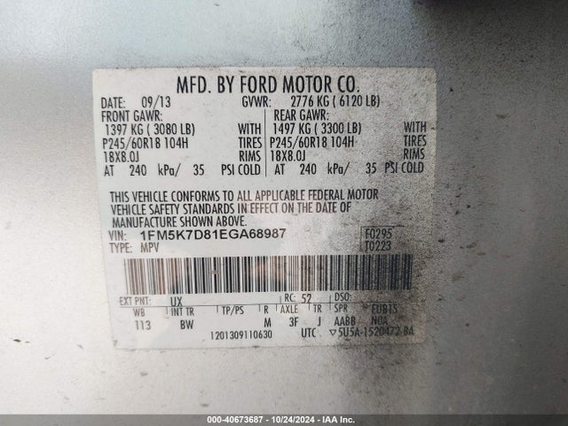 Ford EXPLORER XLT 2014 1FM5K7D81EGA68987 Image 9