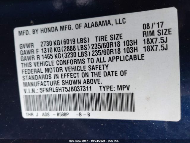 5FNRL6H75JB037311 Honda Odyssey Ex-l