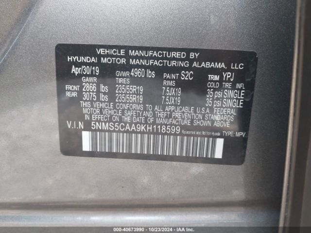 5NMS5CAA9KH118599 Hyundai Santa Fe Limited 2.0t