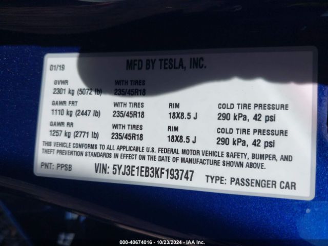 5YJ3E1EB3KF193747 Tesla Model 3 Long Range/performance