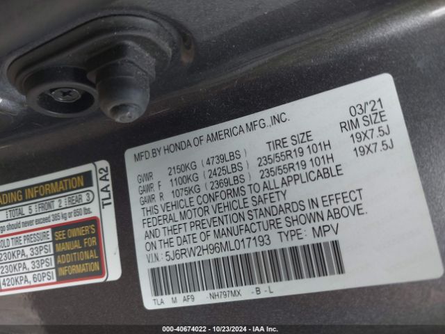5J6RW2H96ML017193 Honda Cr-v Awd Touring