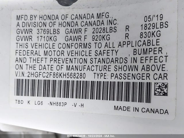 Honda Civic Sport 2019 2HGFC2F86KH568280 Image 9