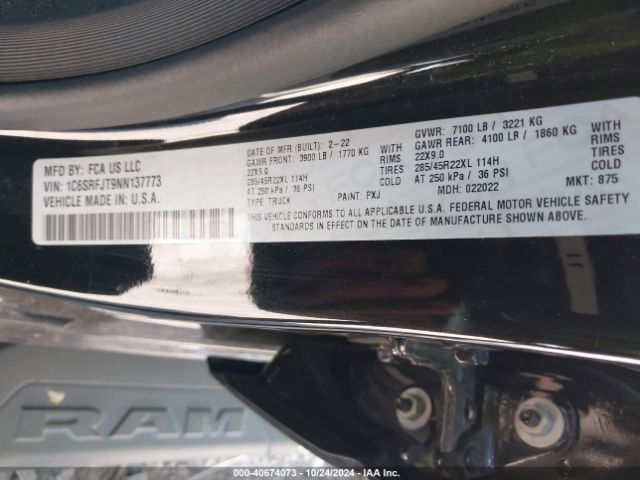 1C6SRFJT9NN137773 RAM 1500 Laramie  4x4 5'7 Box