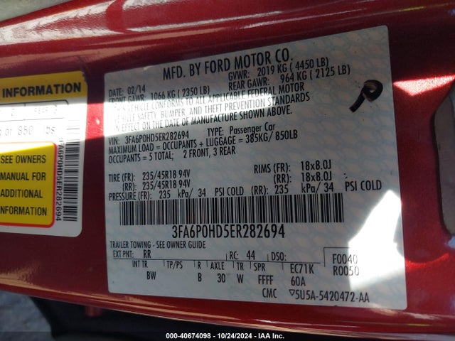 Ford FUSION SE 2014 3FA6P0HD5ER282694 Image 9