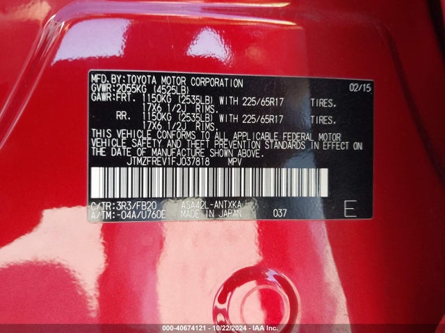 Toyota RAV4 LE 2015 JTMZFREV1FJ037818 Image 9