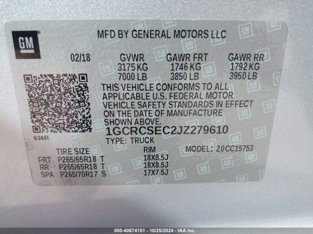 1GCRCSEC2JZ279610 Chevrolet Silverado 1500 1lz