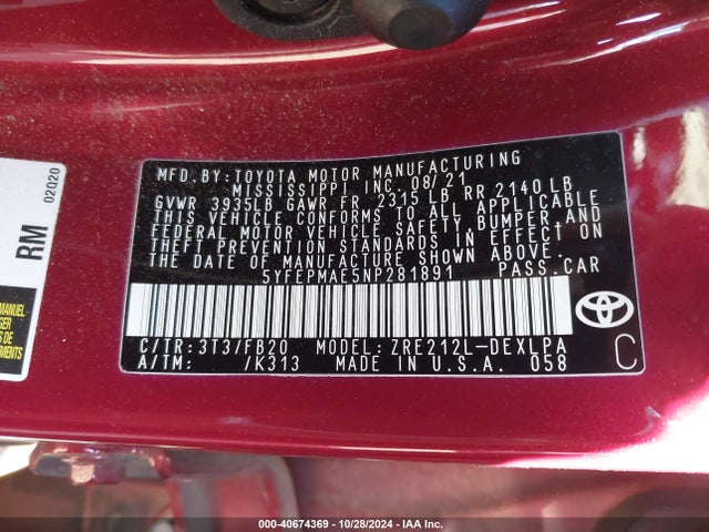 Toyota COROLLA LE 2022 5YFEPMAE5NP281891 Image 9