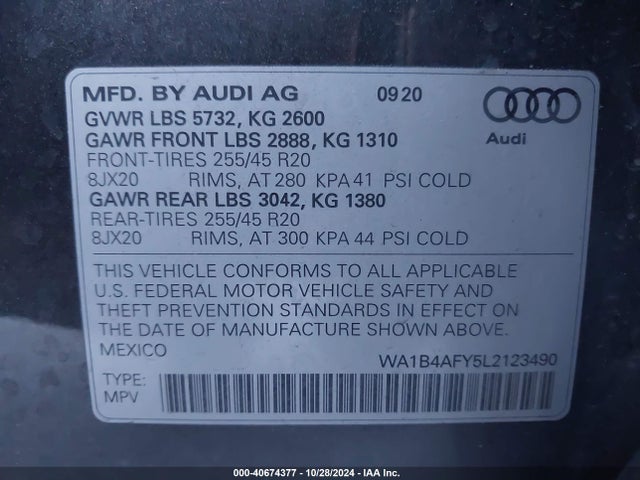 WA1B4AFY5L2123490 Audi Sq5 Premium Plus Tfsi Quattro Tiptronic