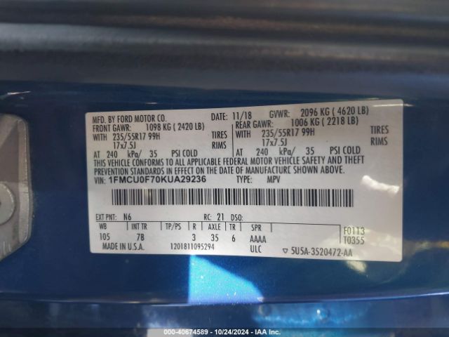 1FMCU0F70KUA29236 Ford ESCAPE S