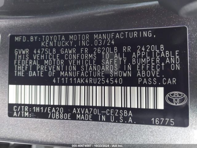 4T1T11AK4RU254540 Toyota CAMRY SE