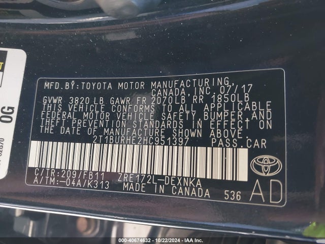 Toyota COROLLA LE 2017 2T1BURHE2HC951397 Image 9