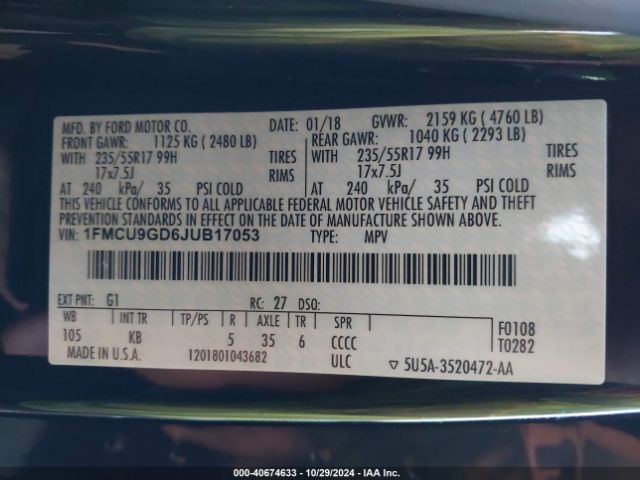 Ford ESCAPE SE 2018 1FMCU9GD6JUB17053 Image 9