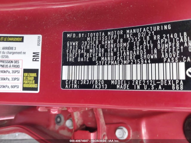Toyota COROLLA LE 2021 5YFEPMAE2MP215944 Image 9