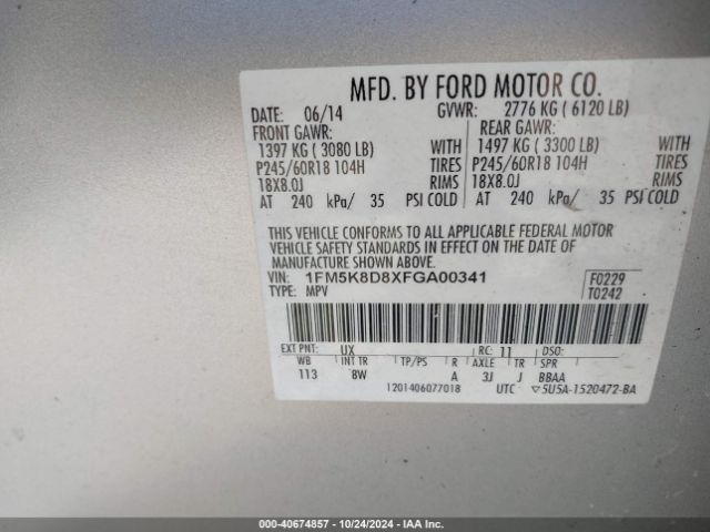 1FM5K8D8XFGA00341 Ford EXPLORER XLT