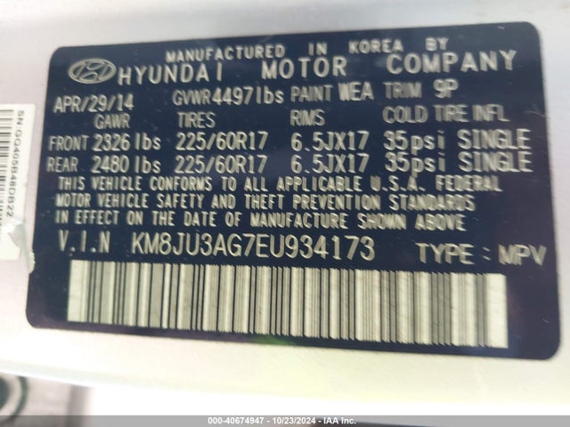 Hyundai TUCSON SE 2014 KM8JU3AG7EU934173 Image 9