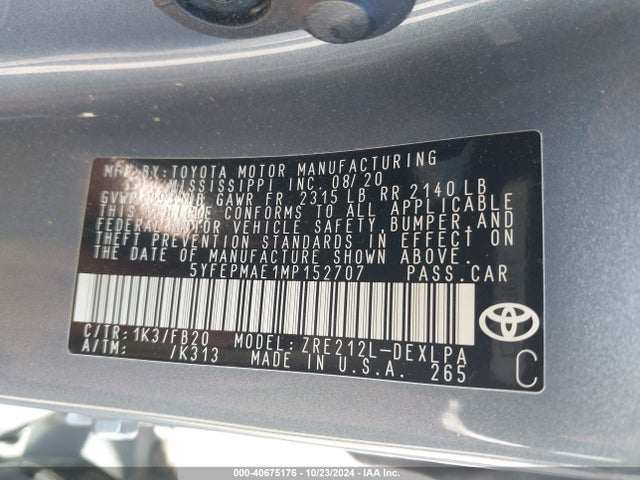 Toyota COROLLA LE 2021 5YFEPMAE1MP152707 Image 9