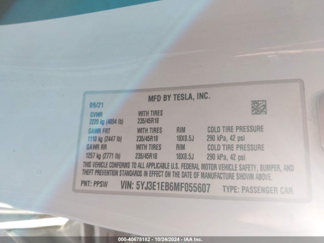 2021 TESLA MODEL 3 5YJ3E1EB6MF055607 Photo 8