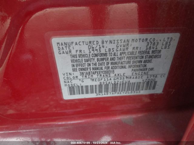 3N1AB7APXEY268315 Nissan Sentra Fe+ S/fe+ Sv/s/sl/sr/sv