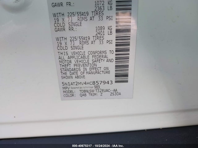 5N1AT2MV4HC857943 Nissan Rogue Sl
