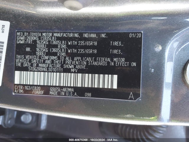 5TDGZRBH6LS010111 Toyota Highlander Xle