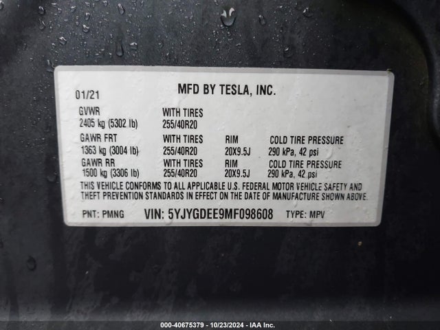 2021 TESLA MODEL Y 5YJYGDEE9MF098608 Photo 8