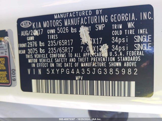 KIA Sorento 2.4l Lx 2018 5XYPG4A35JG385982 Image 9