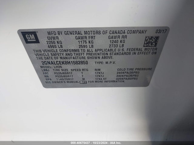 Chevrolet EQUINOX LT 2017 2GNALCEK8H1582850 Image 9