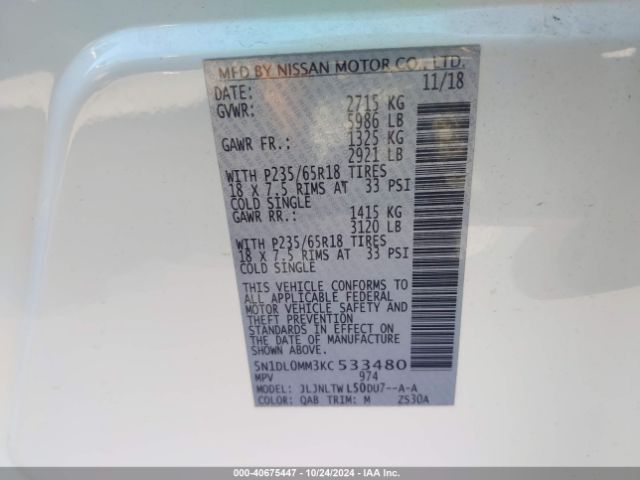 5N1DL0MM3KC533480 Infiniti QX60 LUXE