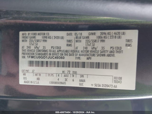 Ford ESCAPE SE 2018 1FMCU0GD1JUC49360 Image 9