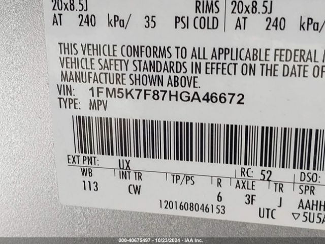 1FM5K7F87HGA46672 Ford Explorer Limited