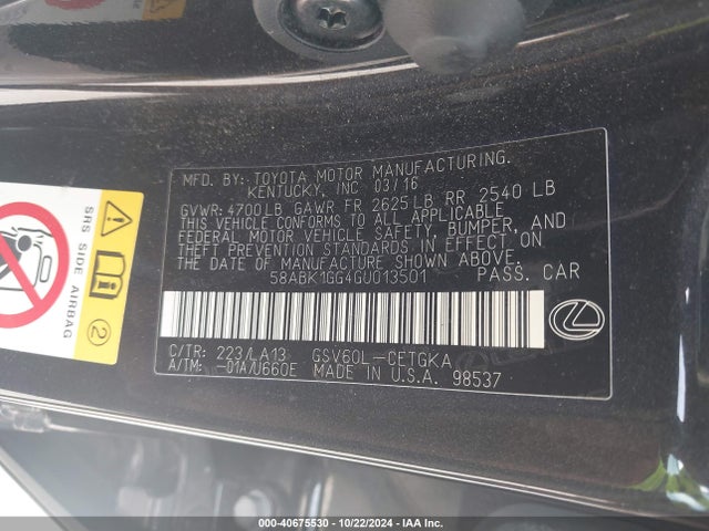Lexus ES 350 2016 58ABK1GG4GU013501 Image 9