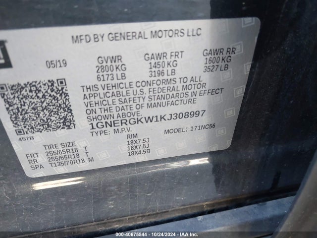 Chevrolet Traverse 1lt 2019 1GNERGKW1KJ308997 Image 9