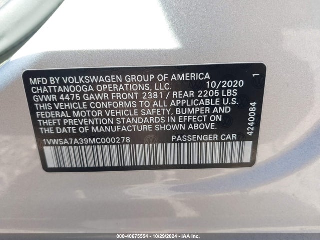 Volkswagen Passat 2.0t Se 2021 1VWSA7A39MC000278 Image 9