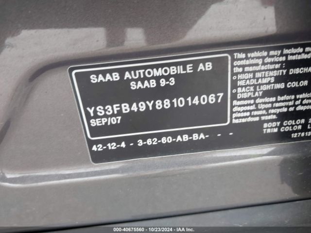 2008 SAAB 9-3 YS3FB49Y881014067 Photo 8