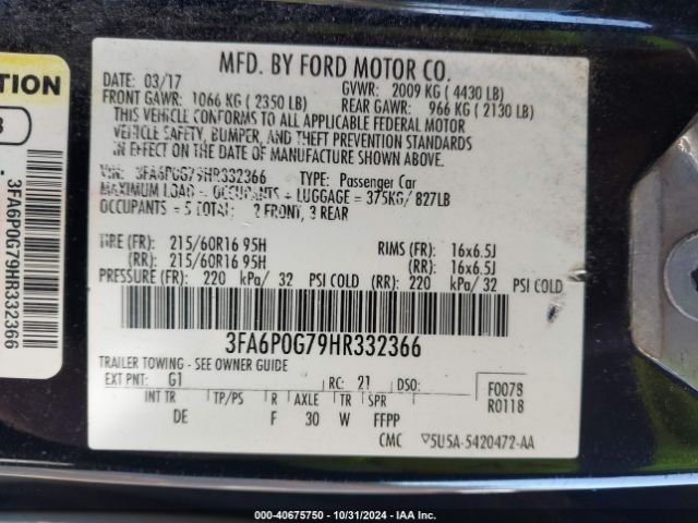 3FA6P0G79HR332366 Ford FUSION S