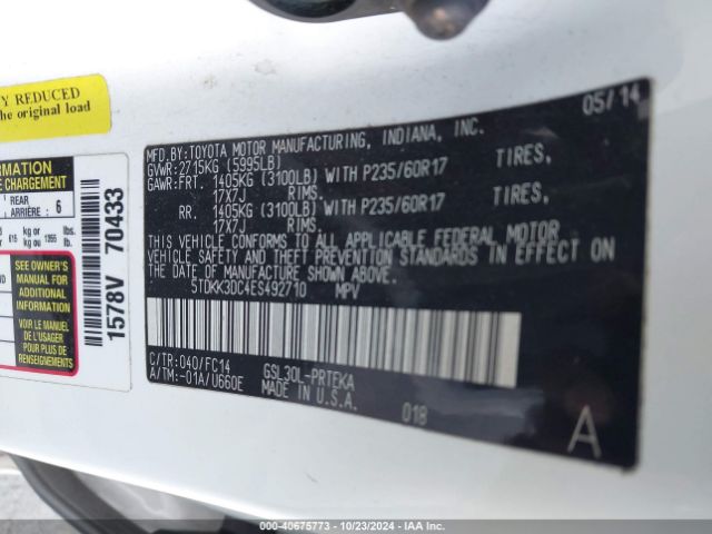 5TDKK3DC4ES492710 Toyota Sienna Le V6 8 Passenger