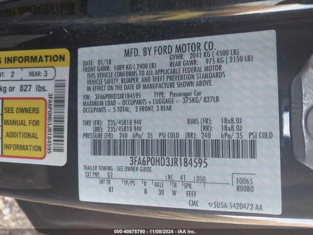 Ford FUSION SE 2018 3FA6P0HD3JR184595 Image 9