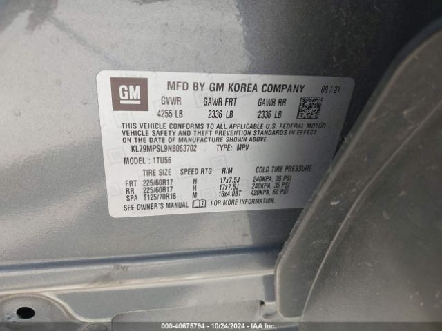 KL79MPSL9NB063702 Chevrolet Trailblazer Fwd Lt