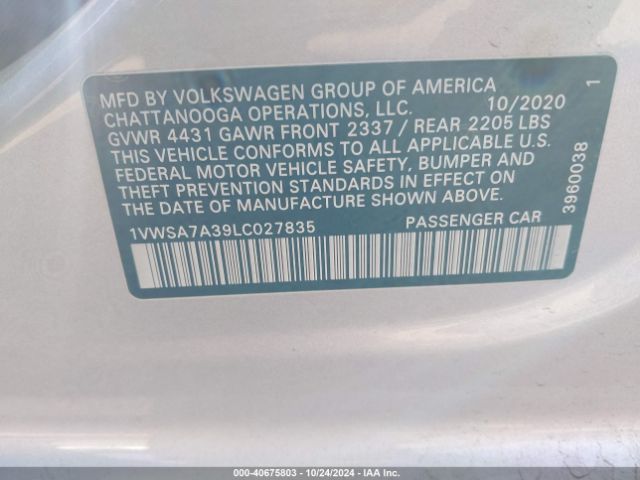 1VWSA7A39LC027835 Volkswagen Passat 2.0t Se