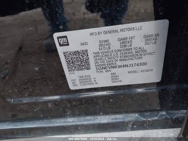 1GNEVNKW4NJ174300 Chevrolet Traverse Awd High Country