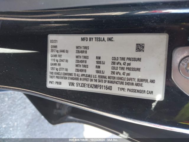 5YJ3E1EA2MF911640 Tesla Model 3 Standard Range Plus Rear-wheel Drive